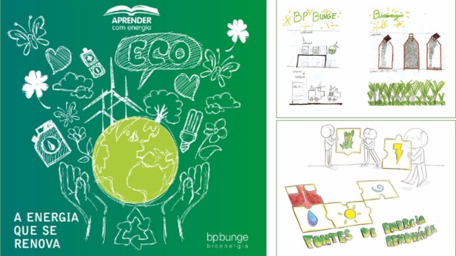 Capa do livro “Aprender com Energia - A energia que se Renova” (esq.) e ilustrações produzidas por alunos do Ensino Fundamental I. (Foto: Reprodução)