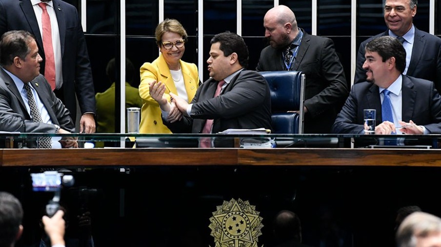 Davi Alcolumbre com a ministra Tereza Cristina, Eduardo Gomes e Fernando Bezerra Coelho na sessão na quarta-feira (04/03) (Foto: Jane de Araújo/Agência Senado)
