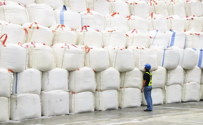 Supervisor inspecting huge sacks of sugar in a warehouse.