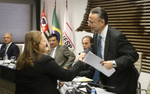 Maria Turini, do CEISE Br, entrega a proposta para Luciano Coutinho, presidente do BNDES (Foto: Everton Amaro/Fiesp/Divulgação}